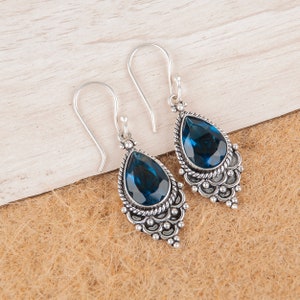 London Blue Topaz 10X14 MM Pear Stone Bezel Set Oxidized Silver Earrings, 925 Sterling Silver, December Birthstone Gift, Women Jewelry