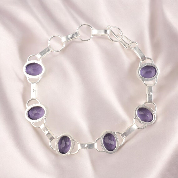 Bracelet Fait Main En Argent 925 Avec Topaze Iolite - Pierre Bleue - Taille Réglable 7-8 Pouces