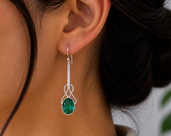 Green Emerald Gemstone Sterling Silver Earrings | Designer Emerald Dangle Earrings | Handmade Emerald Women Jewelry | Gift For Her