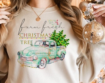 farm fresh Christmas vintage pastel green truck with tree Sublimation, T-shirt Instant digital Download PNG, Backhoe Heavy Equipment,2022