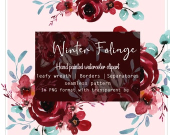 Burgundy floral wreath  clipart, Invitation graphics, Holiday clipart set, Bouquet