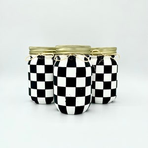 Set of 3 Black and White Painted Checkered Mason Jars/ Party Centerpieces/ Hosting Decor/ Utensils Holder/ Decorative Cups/ Vase