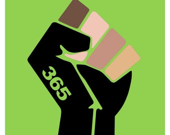May include: A lime green poster featuring a black raised fist graphic with the text 365. The design includes the text Mr. Ebbs ART, Native History, and Art That Brings Us Together. The fist is composed of various skin tone shades on the fingers.