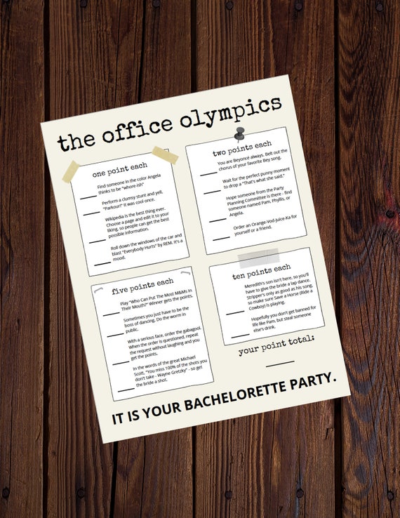 The Office Themed Bachelorette Scavenger Hunt Bar Challenge.