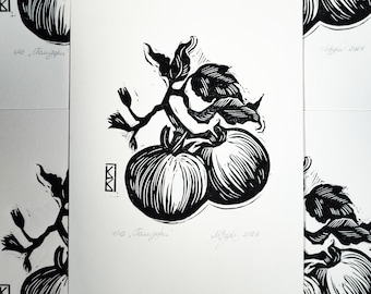 Grabado en linóleo de tomate. Grabado en linóleo burdeos tallado a mano. Decoración minimalista para la cocina. Póster botánico de vegetales. Lámina decorativa de tomate para la pared.