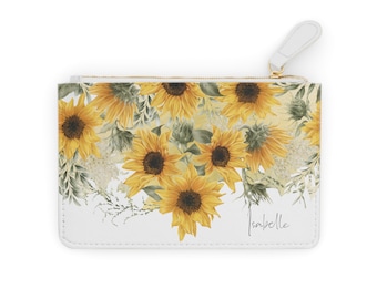 Mini pochette personalizzata con girasole, regalo per il compleanno della mamma, nipote, portafoglio per telefono con borsa floreale in ecopelle, custodia per trucco da viaggio personalizzata