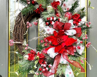 Large Christmas Wreath for Front Door Snowy Large Red Poinsettias Holiday Door Wreath Elegant Christmas Ornament Wreath Red Berries and Bows