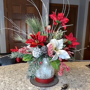 Christmas Centerpiece, Snowman Hat Floral Arrangement, Whimsical Holiday Table Centerpiece, White Peony Red Poinsettias Ornament Red Berries