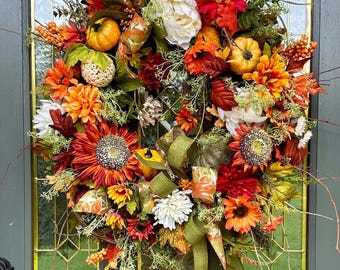 Large Fall Wreath for Front Door Colorful Autumn Door Wreath Gift for Her Harvest Color Wreath Pumpkin Sunflower Farmhouse Rustic Wreath Bow