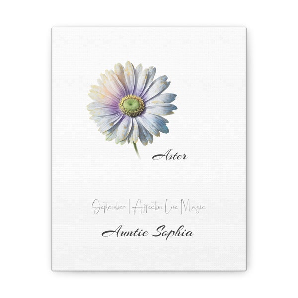 Personalized Birth Month Flower Canvas Gift, Custom Poster September Aster, For Baby Shower Nursery, For Girl Granddaughter Birthday Teacher