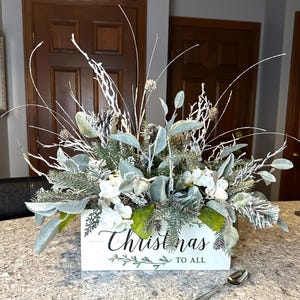 Christmas Centerpiece, Winter Floral Arrangement, Holiday Table Centerpiece, Wood Box Snowy Faux Pines, Ornament Eucalyptus Table Decoration