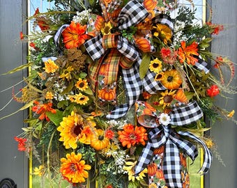 Large Fall Wreath for Front Door Colorful Autumn Door Wreath Harvest Sunflowers Pumpkin Fall Decor Buffalo Print Ribbon Bow Farmhouse Rustic