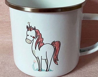 Emaille Becher Fräulein Weichmut Tasse Einhorn Fee Pferd