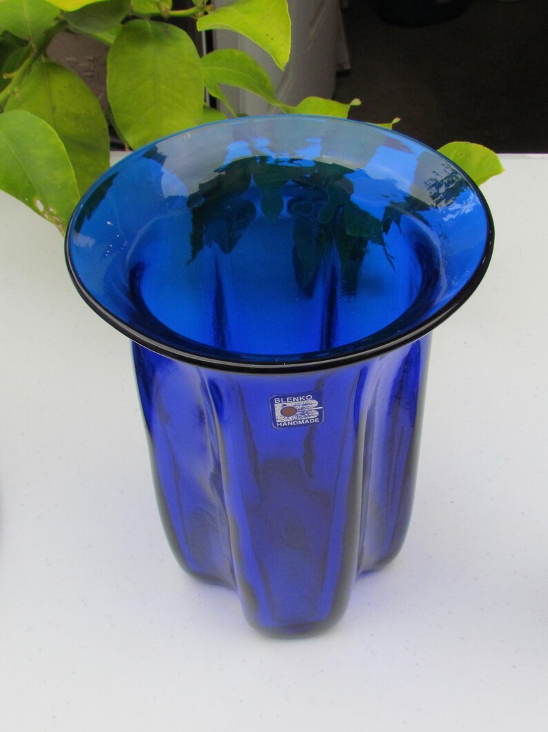 Vintage Cobalt Blue Blenko Glass Company Dimpled Vase 11 Etsy