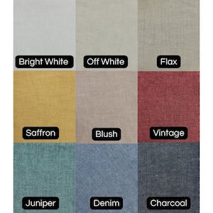 May include: Nine fabric swatches in a range of colours: bright white, off-white, flax, saffron, blush, vintage, juniper, denim, and charcoal. Each swatch is labelled with its colour name in a black font.
