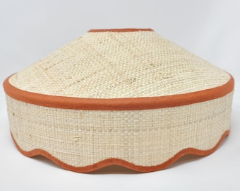 RAFFIA LAMPSHADE - carasol shade with scallop belt - tapered - natural - trim colours - clip on, lamp or pendant light