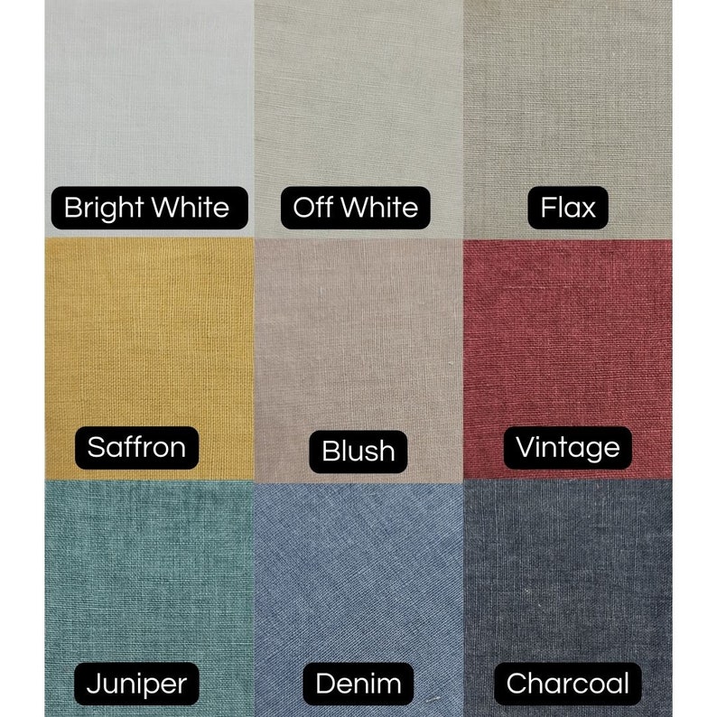May include: Nine fabric swatches in different colors and textures. The swatches are arranged in a 3x3 grid. The colors are: Bright White, Off White, Flax, Saffron, Blush, Vintage, Juniper, Denim, and Charcoal.