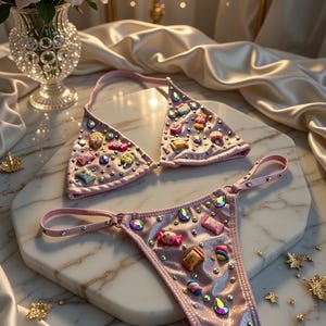 May include: Pink lingerie set with decorative candy and iridescent gems. The bikini top and thong are embellished with colorful candy-shaped accents and sparkling jewels. The set is displayed on a marble surface, with a vase of pink roses in the background.