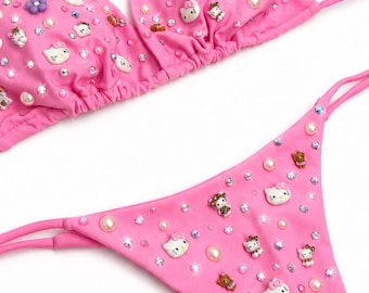 Handmade Pink Bikini Set, Crystal Charm Triangle Swimwear, Kawaii Festival Beachwear