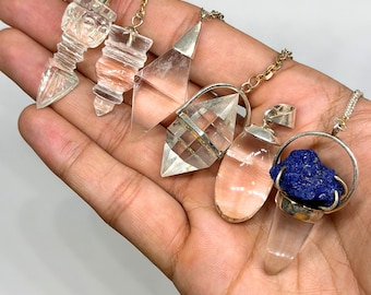 Clear Quartz Pendulum Set: Faceted Dowsing Crystals, Spiritual Healing in 925 Silver