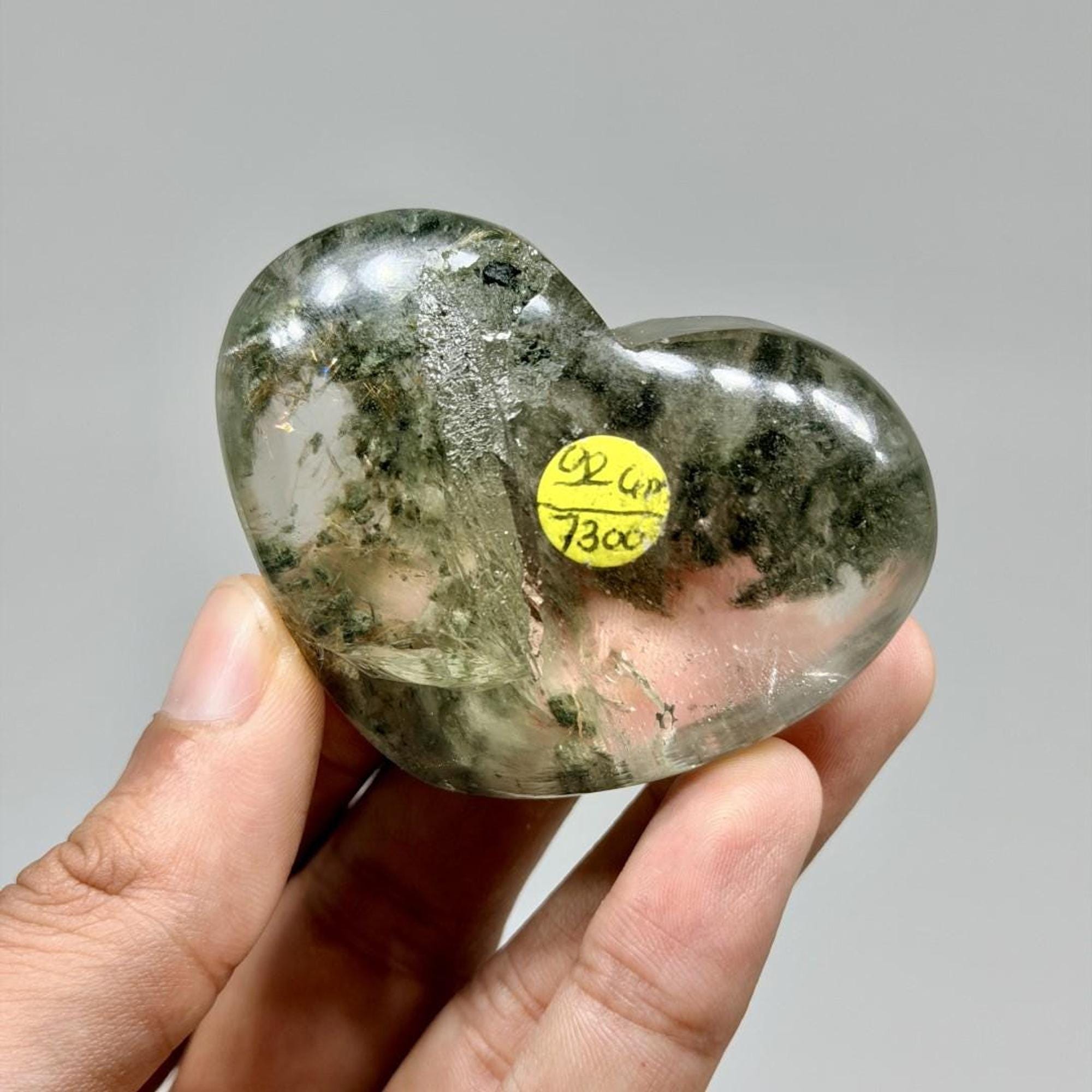 Himalayan Quartz Hearts- Moss Green Inclusions with Golden Rutile