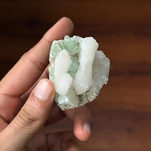 May include: A close-up of a mineral specimen featuring a cluster of white, crystalline formations and light green crystals. The mineral is set against a neutral background, highlighting its natural textures and colors.
