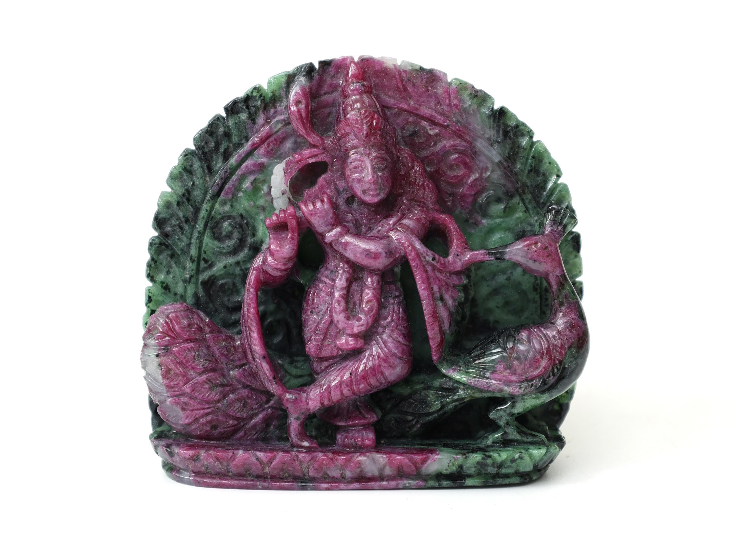 Ruby Zoisite Lord Krishna Statue: Hand-Carved Hindu God Figurine