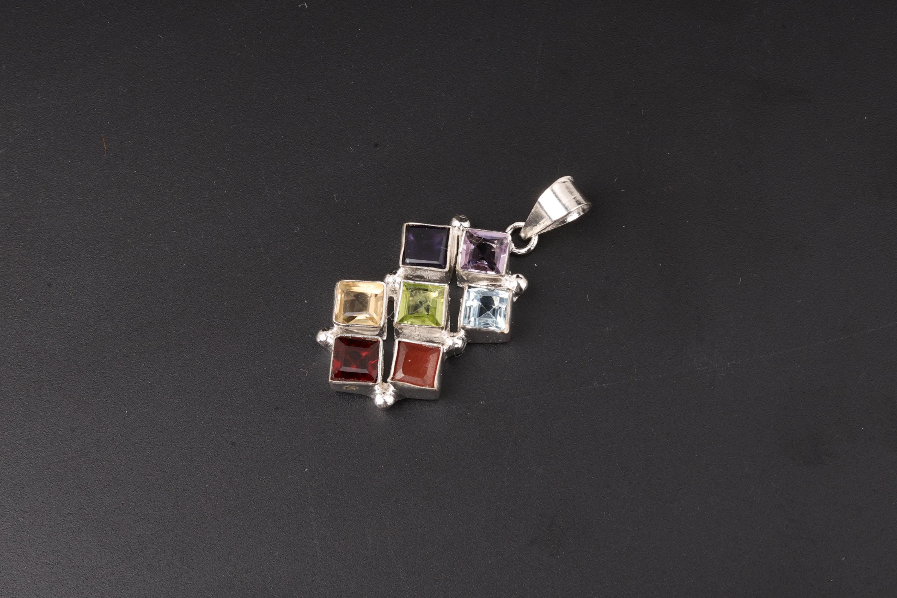 7 Chakra Multi-Gemstone Grid Pendulum Pendant
