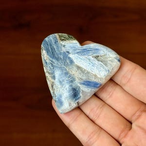 Polished Blue Kyanite in Quartz Heart from Karur, India | Natural Hand-Carved Crystal Heart | Raw Kyanite Quartz Palm Stone | Gift Decor