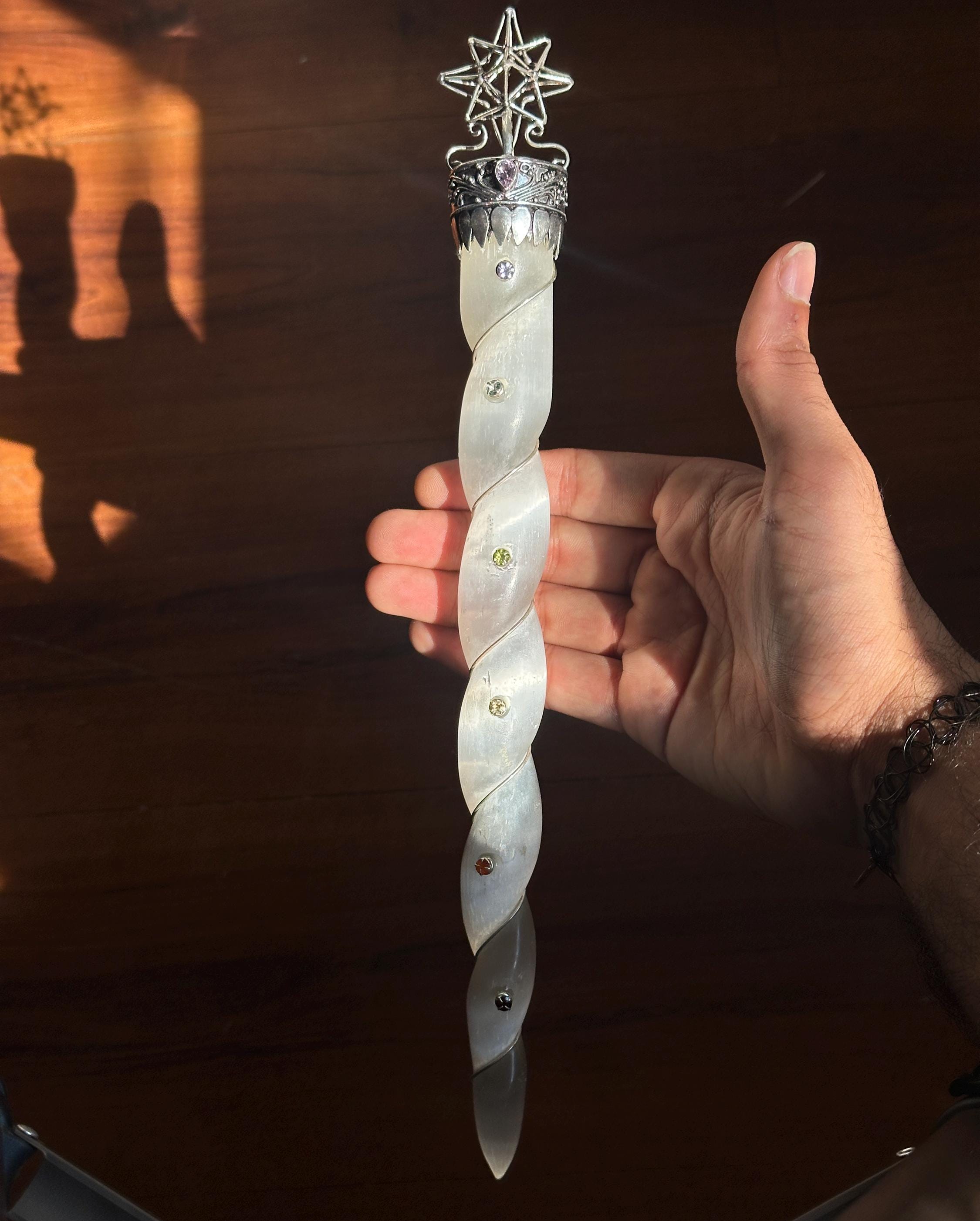 Silver Plated Selenite 7 Chakra Wand