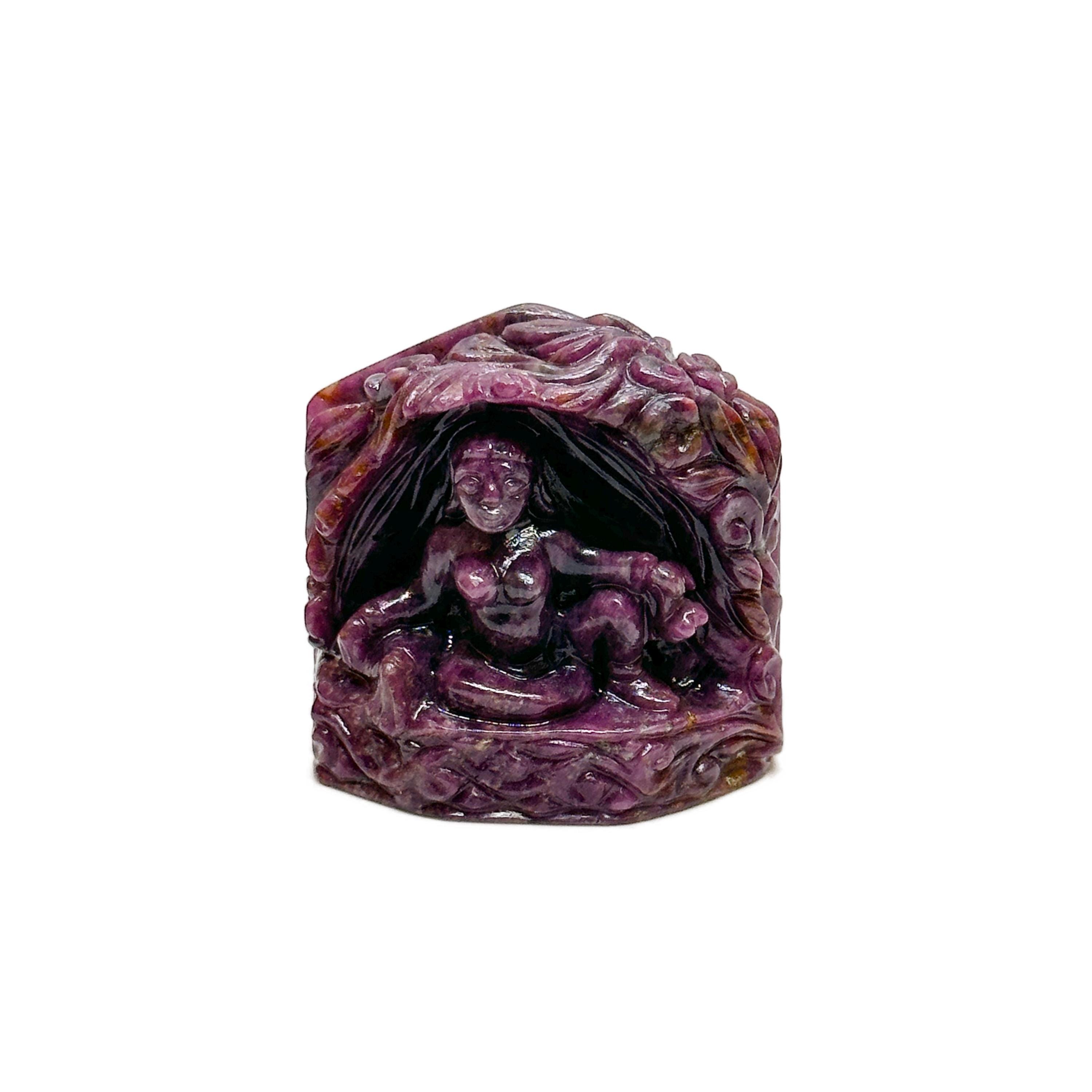 Kama Sutra Ruby Sculpture: Indian Floral Carving, Collector's Stone Art