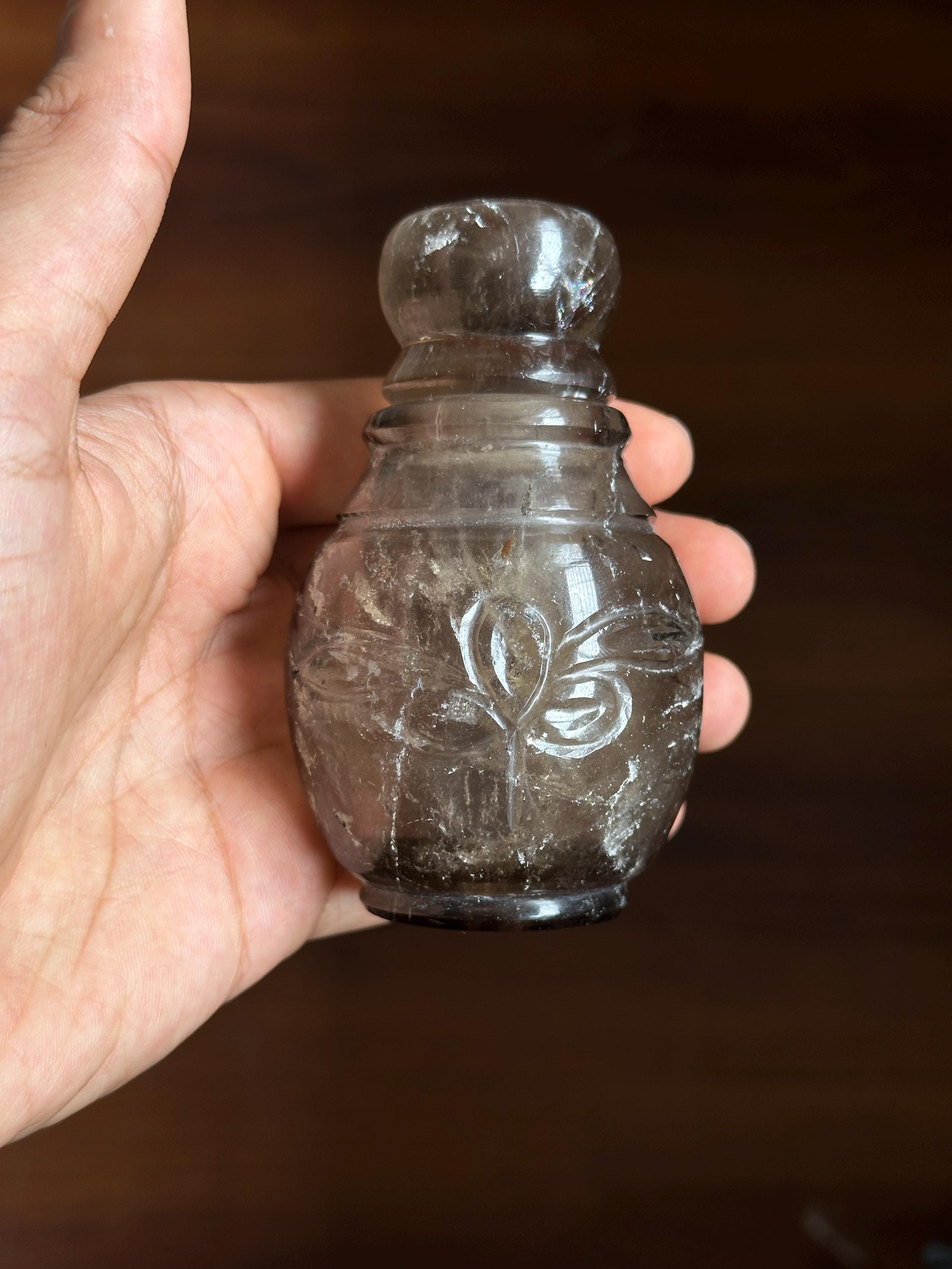 Smoky Quartz Essential Oil Bottle, Hand-Carved Floral Design