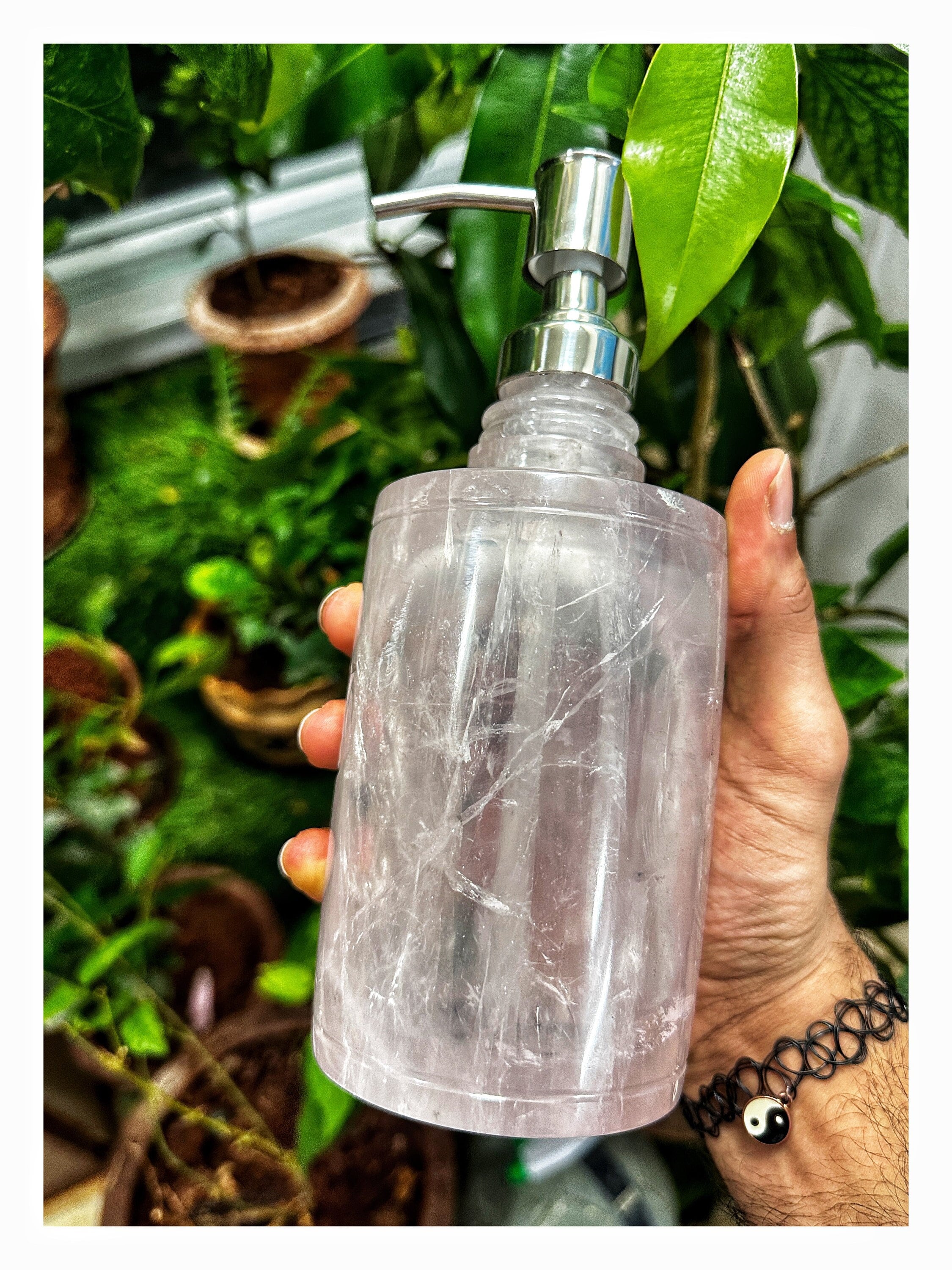 Carved Rose Quartz Soap Dispenser: Exclusive Home Decor Crystal