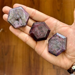 Natural Ruby Corundum Hexagon Crystal | Polished Raw Ruby Stone | Indian Ruby Crystal for Grids, Healing, and Collectors | Shop Atyahara