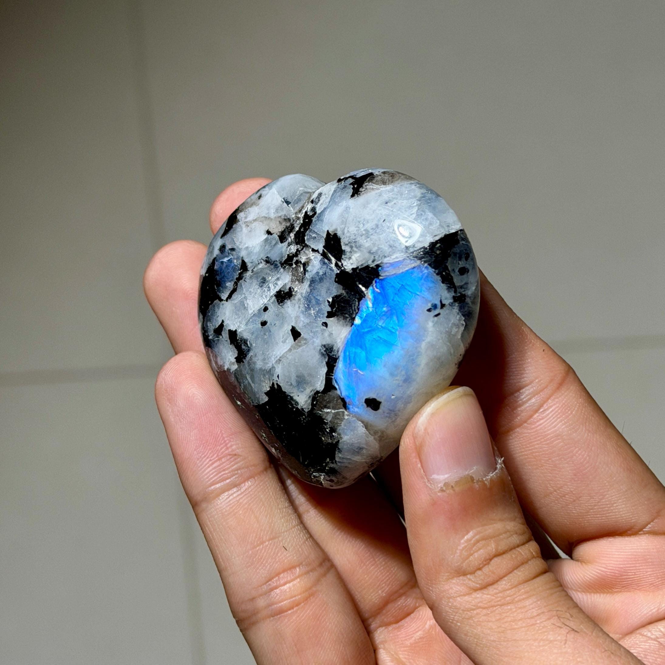 Rainbow Moonstone Heart, 79g Blue Adularescence, Milky White Stone, Healing Crystal Gift