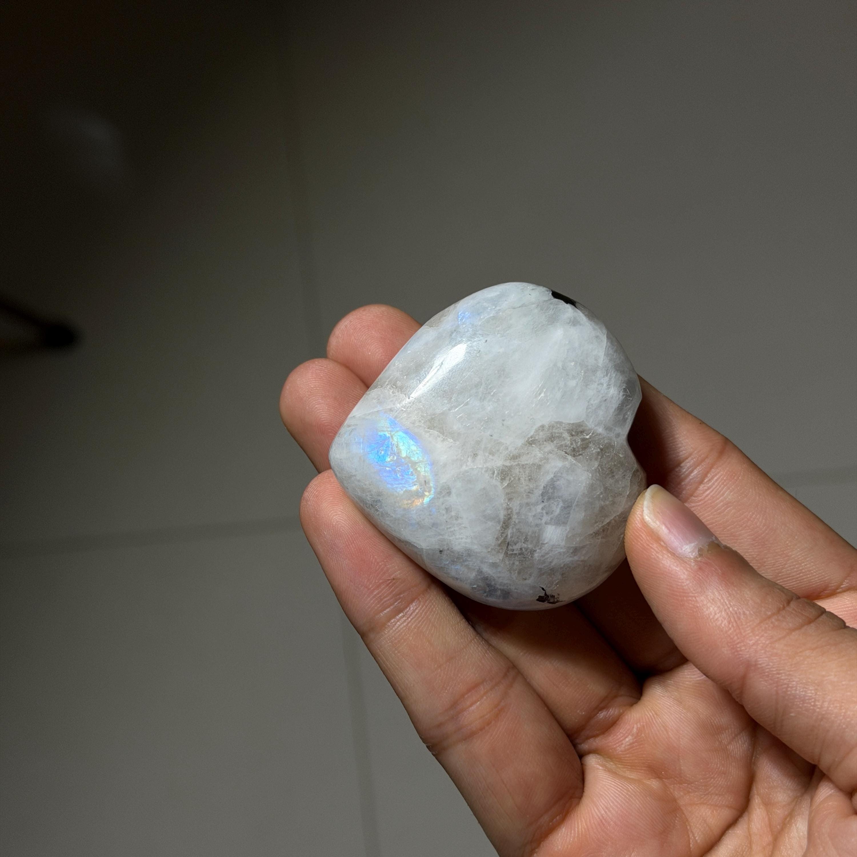 Rainbow Moonstone Heart, 78g Polished Gemstone, Blue Adularescence Crystal Decor, Meditation Gift