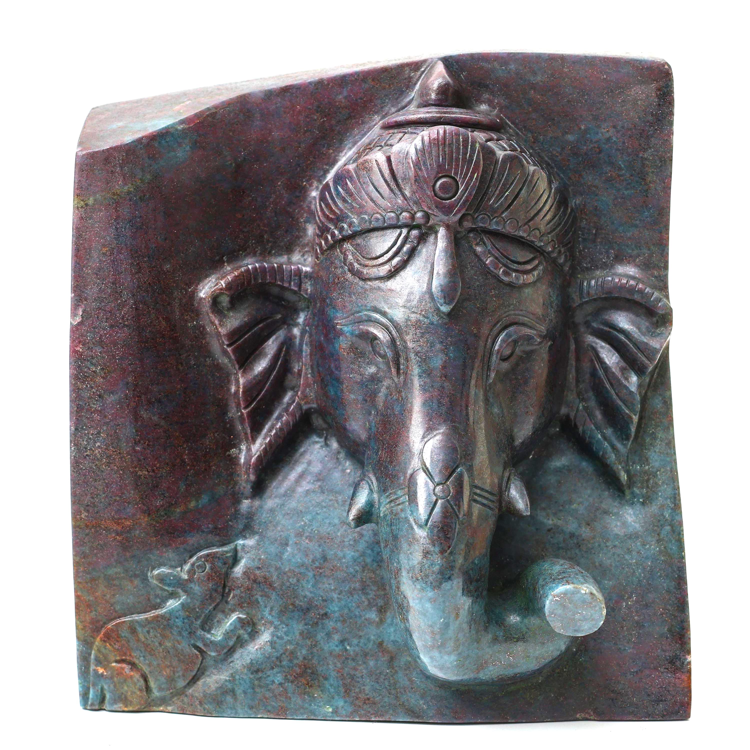 Natural Ruby Kyanite Ganesha Idol Face Statue: Hand-carved Corundum and Kyanite Sculpture