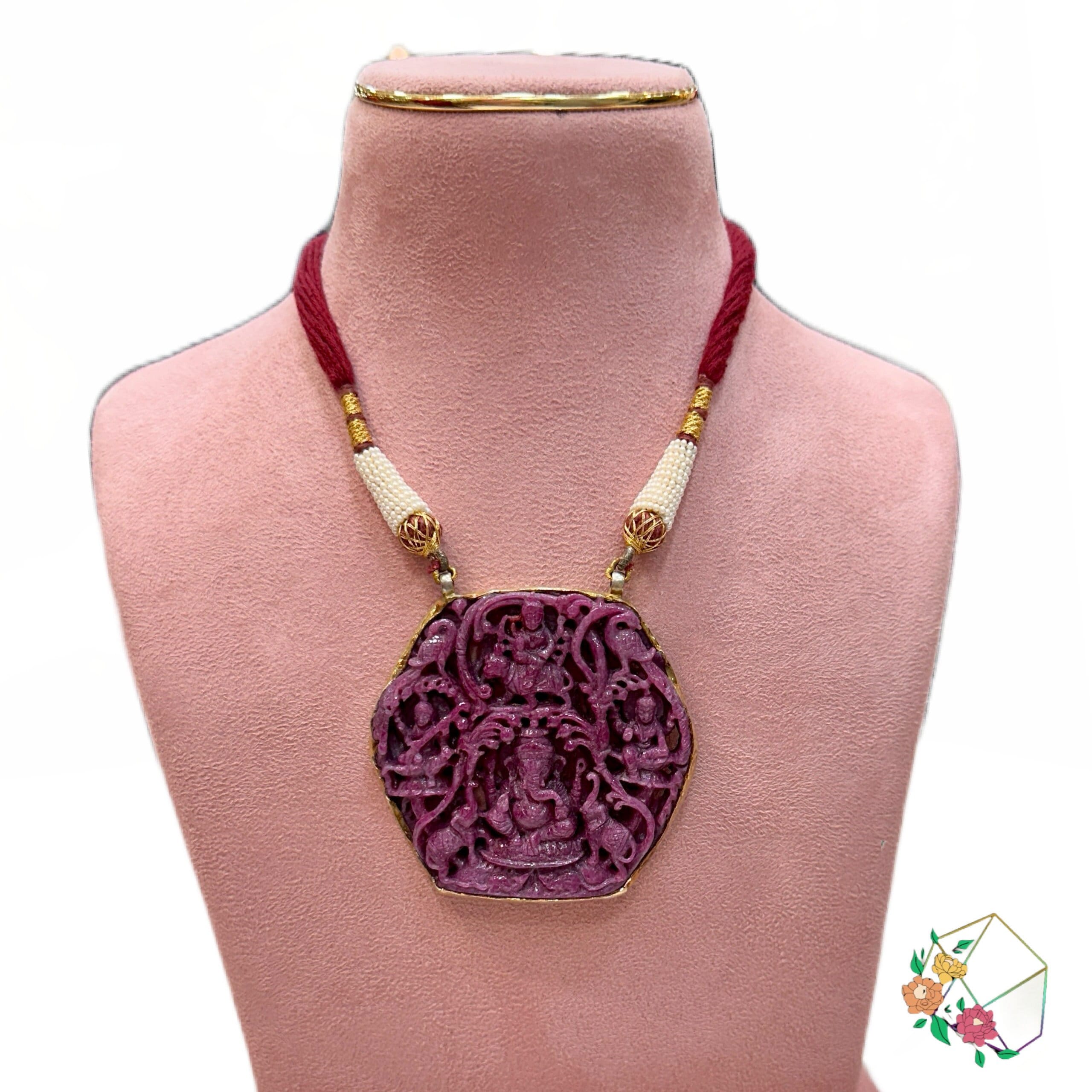 Hand Carved Ruby Ganesha Pendant: Vintage Temple Jewelry