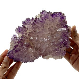 Pode incluir: Um aglomerado de cristais de ametista, exibindo um gradiente de tons roxos. Os cristais são segurados por mãos, revelando a formação natural e a textura do mineral. A cor transita de um violeta profundo para um tom mais claro e translúcido.