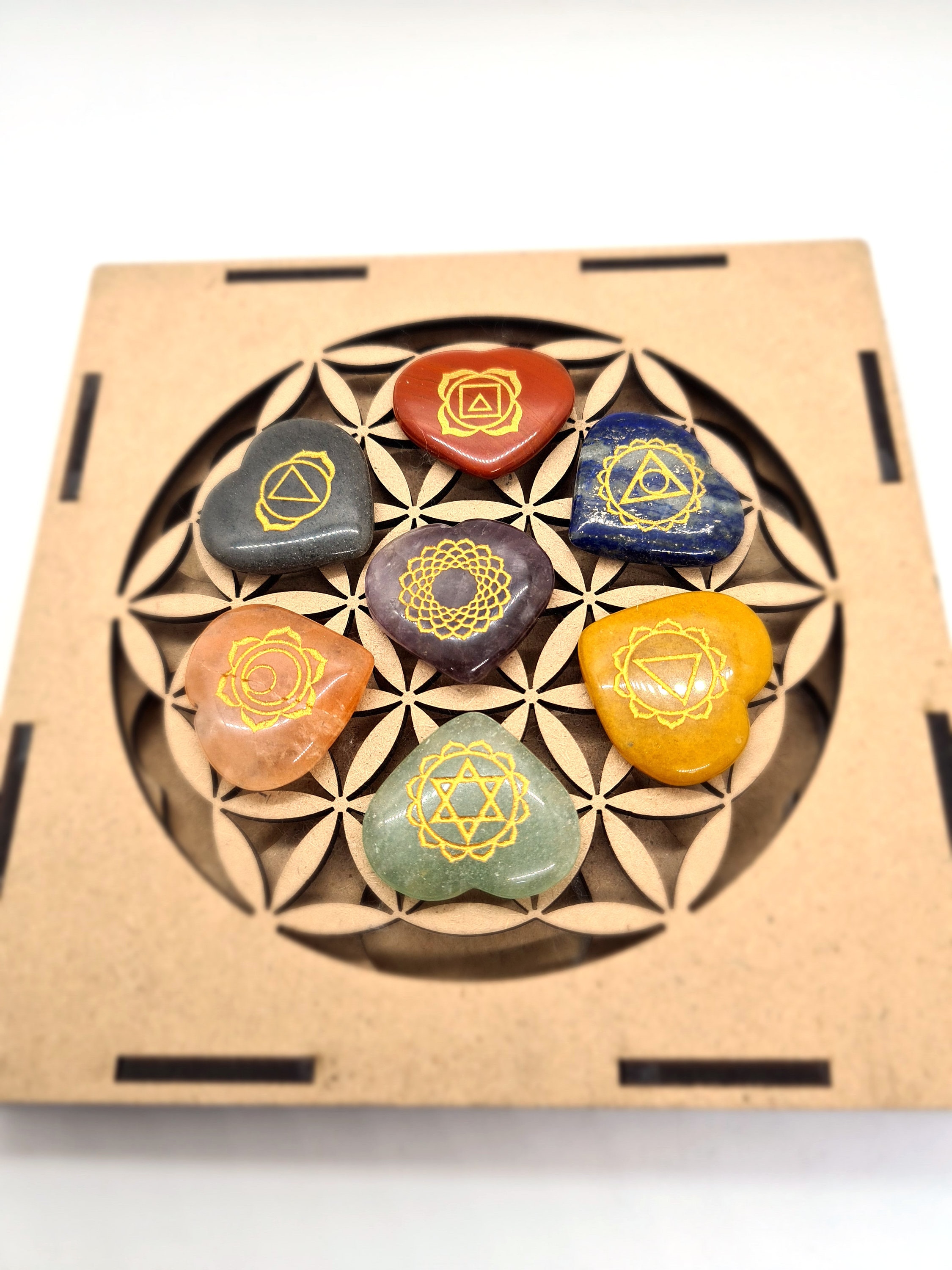 7 Chakra Crystal Hearts Set: Engraved Reiki Symbols, Flower of Life Box