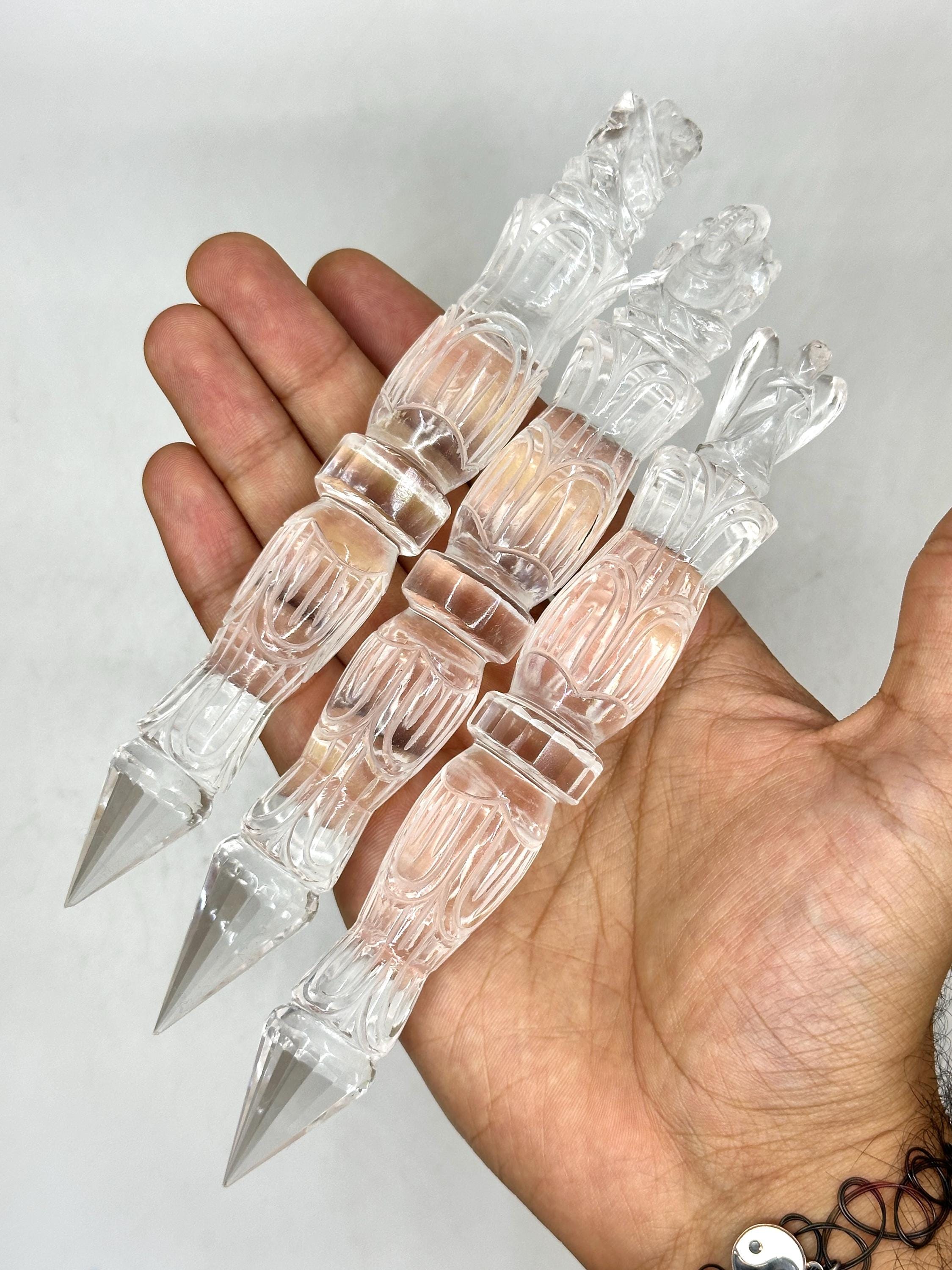 Hand-Carved Clear Quartz Dorje Wand: Ganesha & Angel Figures