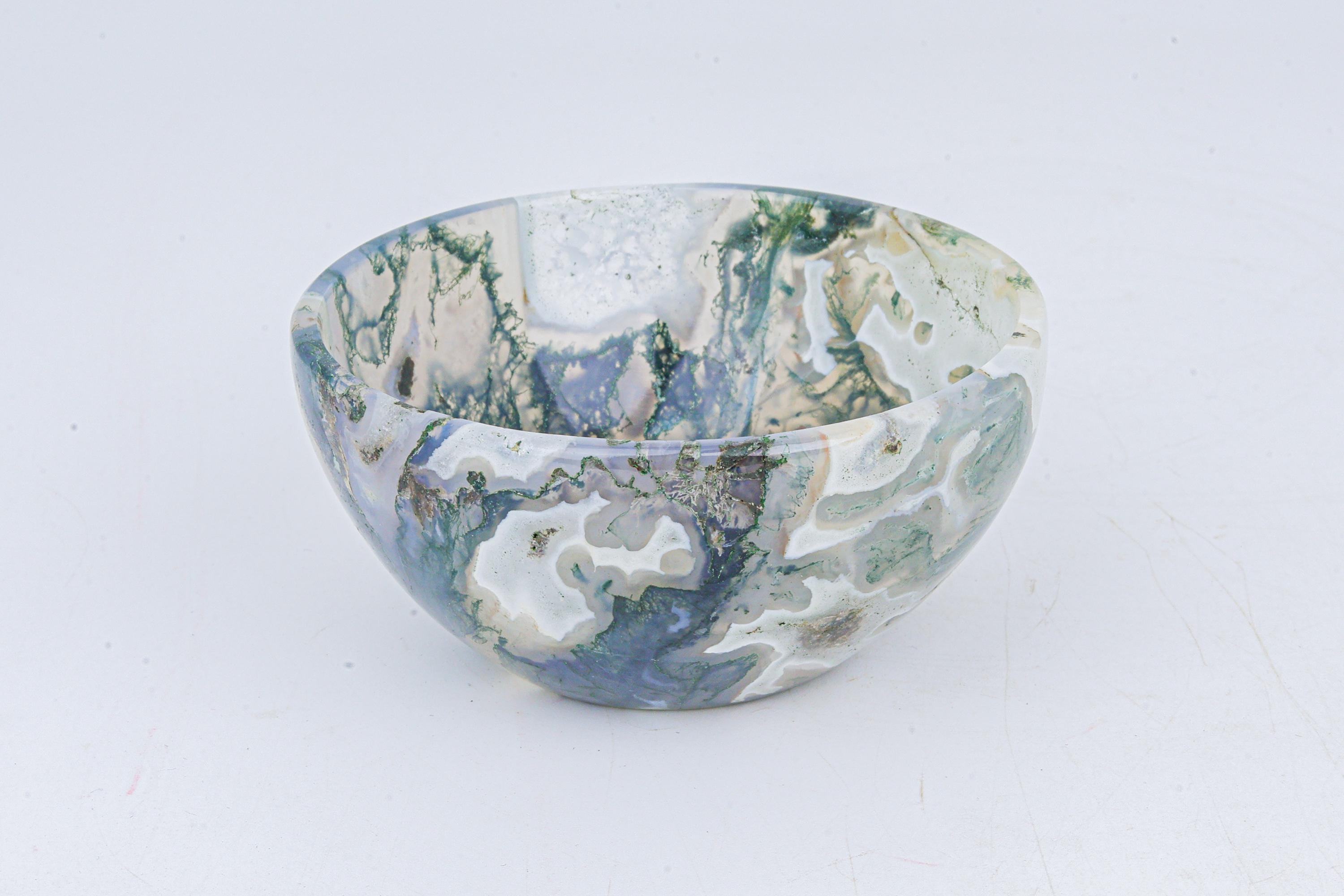 Hand-Sculpted 3-Inch Moss Agate Offering Bowl: A Deep Forest Green Vessel with Ethereal Druzy Pockets