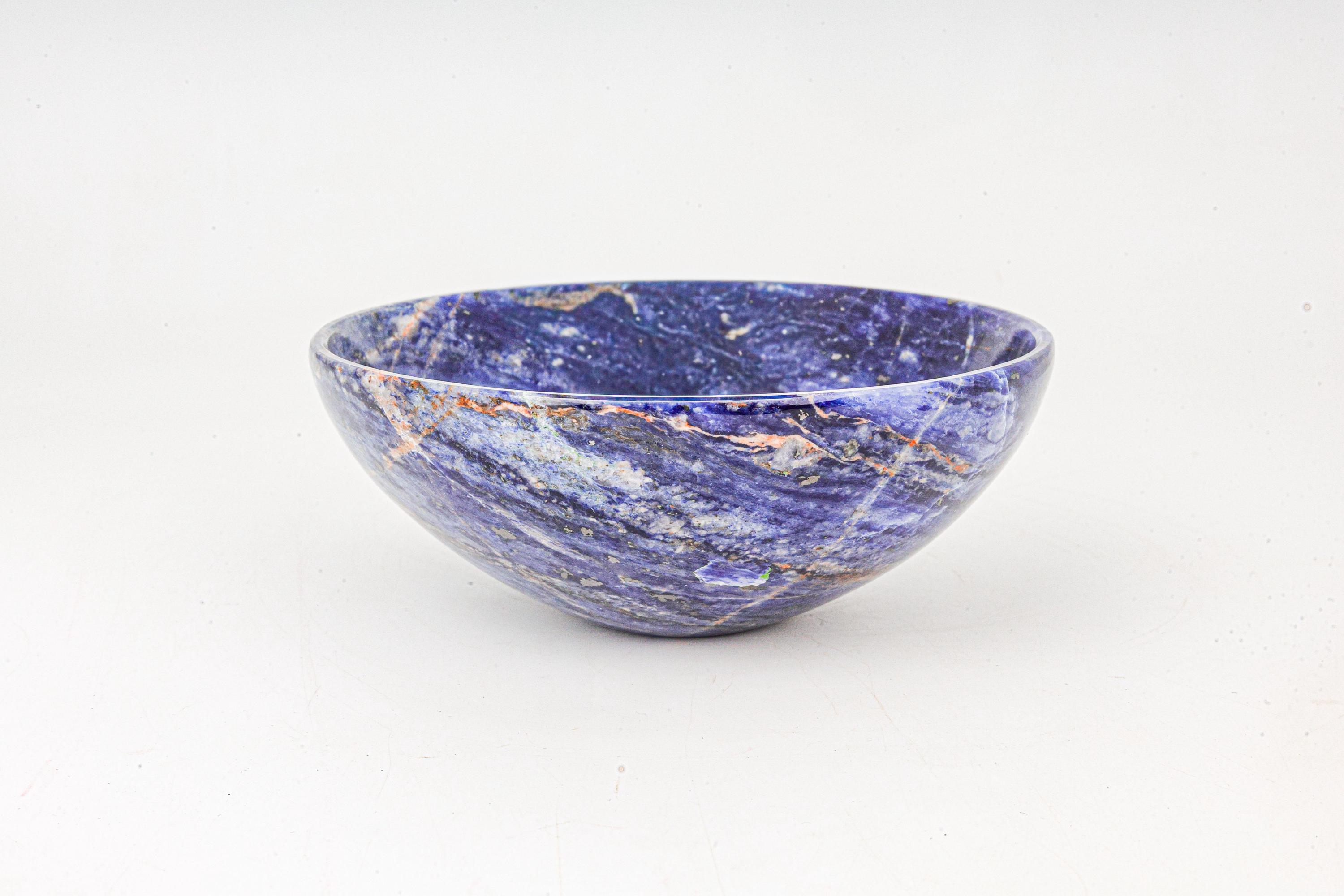 Hand-Sculpted 4-Inch Sodalite Offering Bowl: A Deep Ultramarine Vessel with Ethereal White Veining