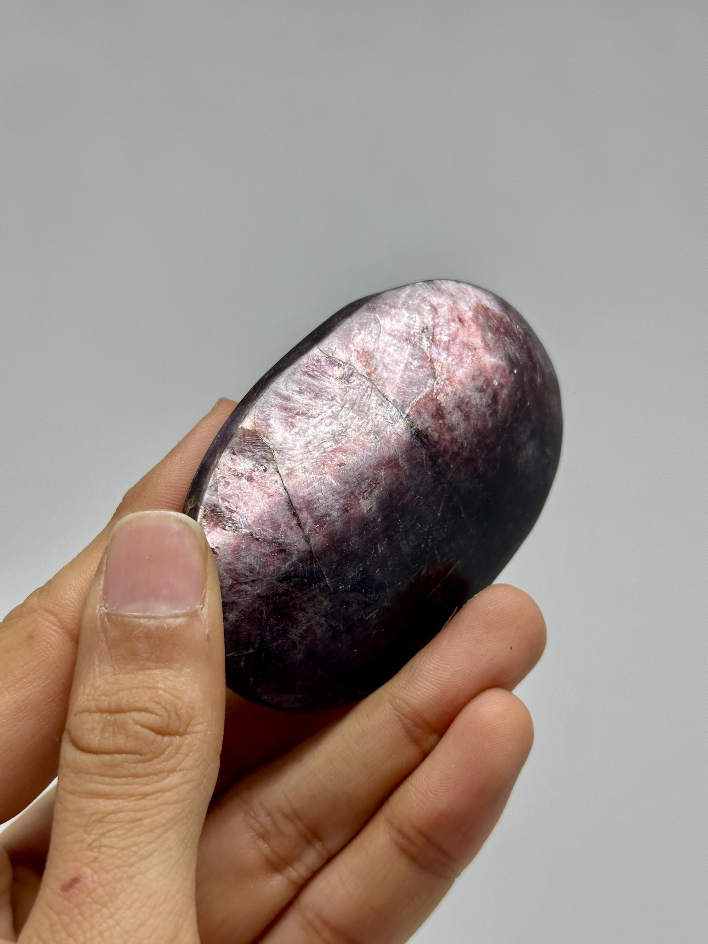 Polished Lepidolite Palmstone: Calming Gemstone, Mica Shimmer, 115g