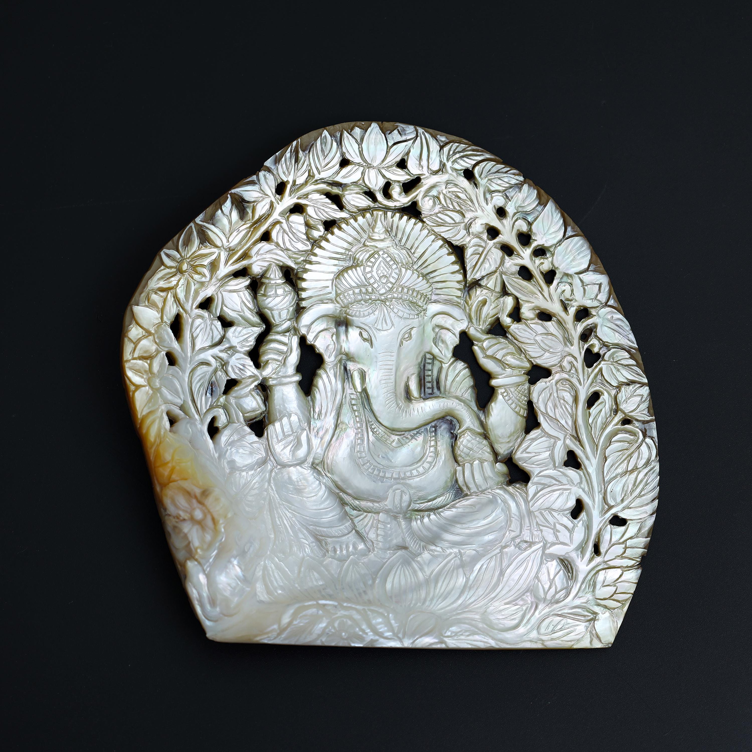 Handcrafted Mother of Pearl Ganesha Sculpture: Spiritual Decor (3.5 x 4.5 Inches)