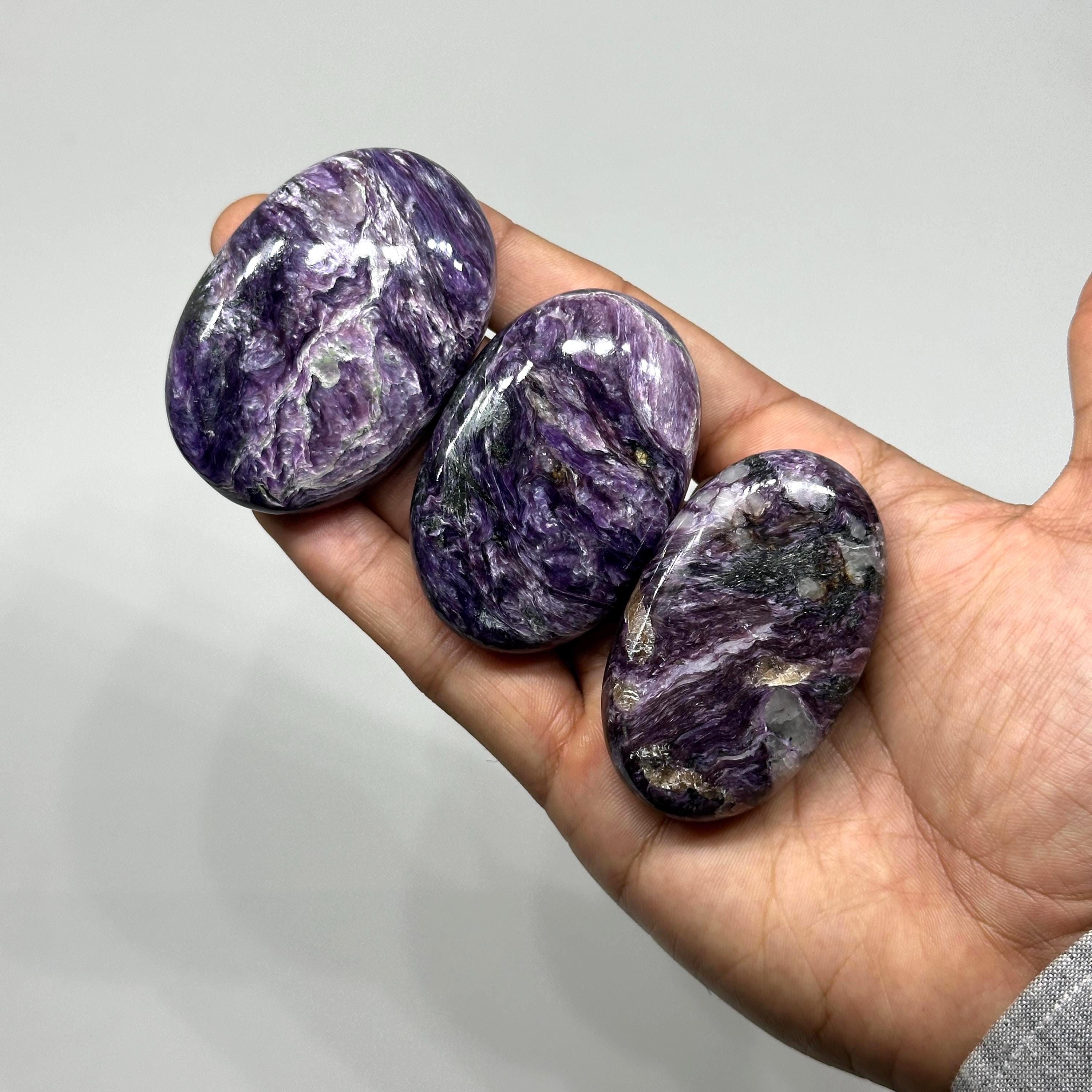 Raw Charoite Palmstones, Polished Purple Crystal, Worry, Pocket Stone