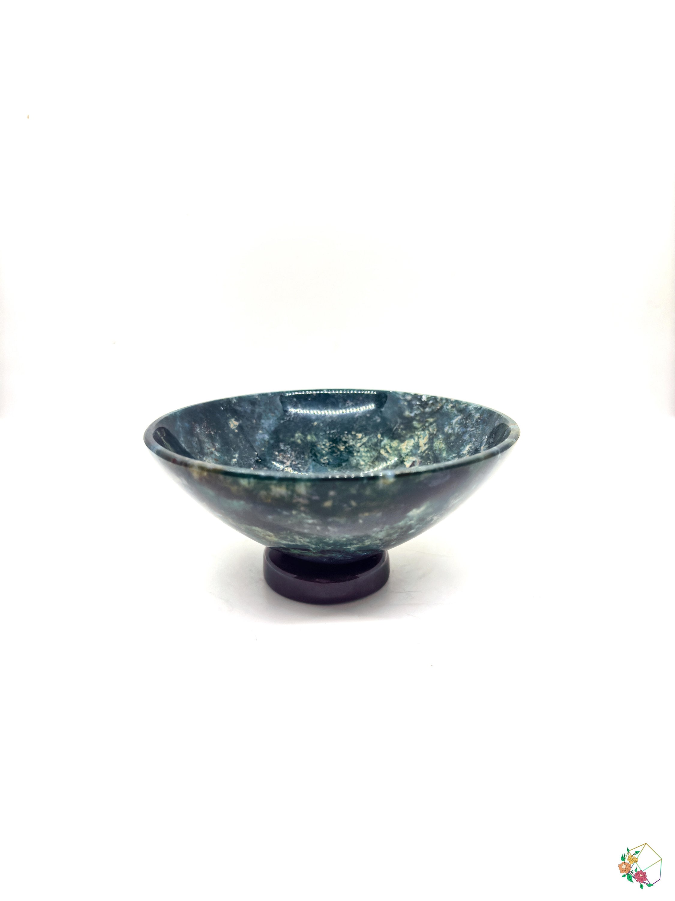 Hand-Carved Moss Agate Bowl: 5 Inch Stone Jewelry Dish