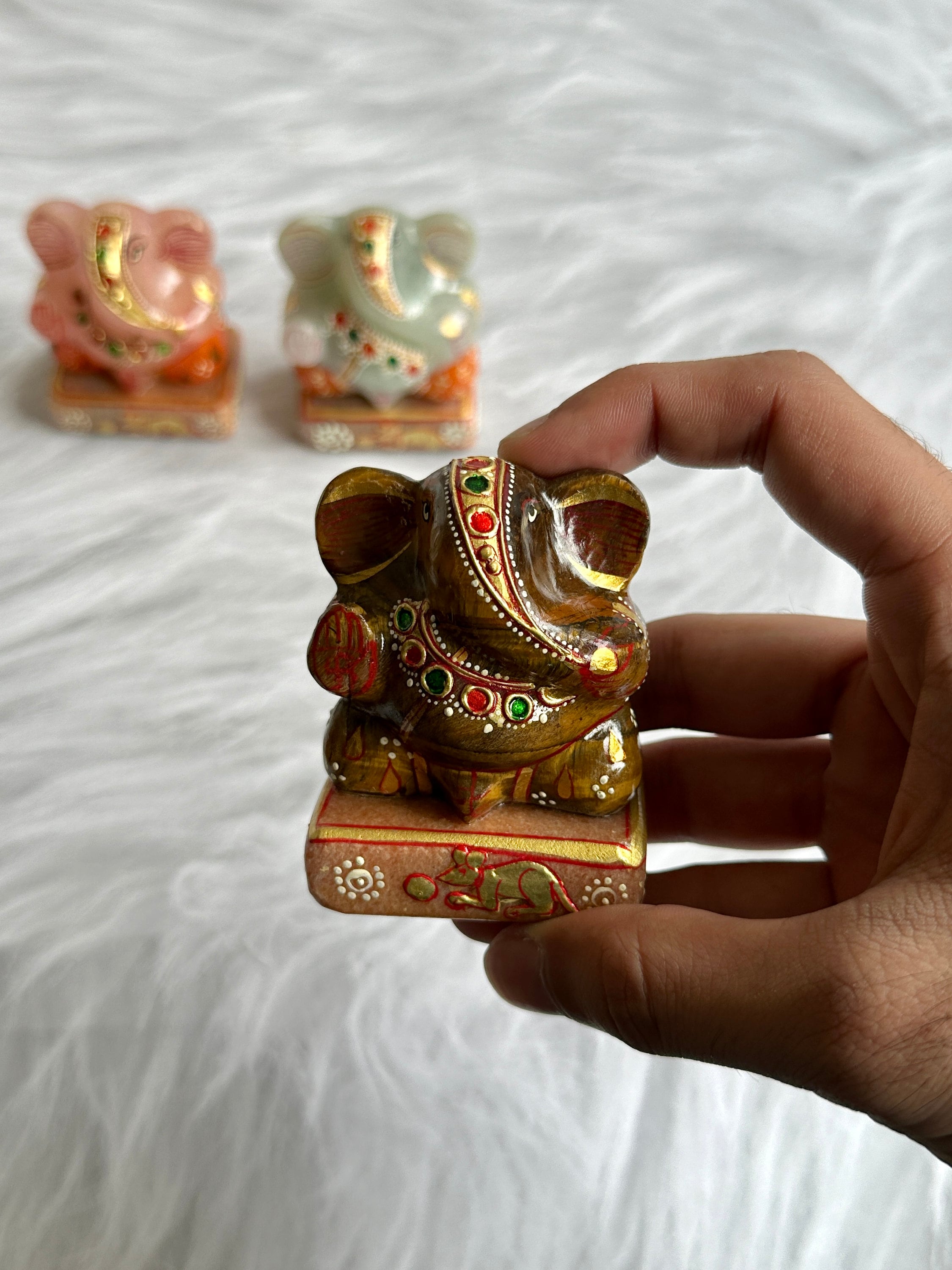 Mini Aventurine Ganesha Statue: Hand-Painted Hindu Decor