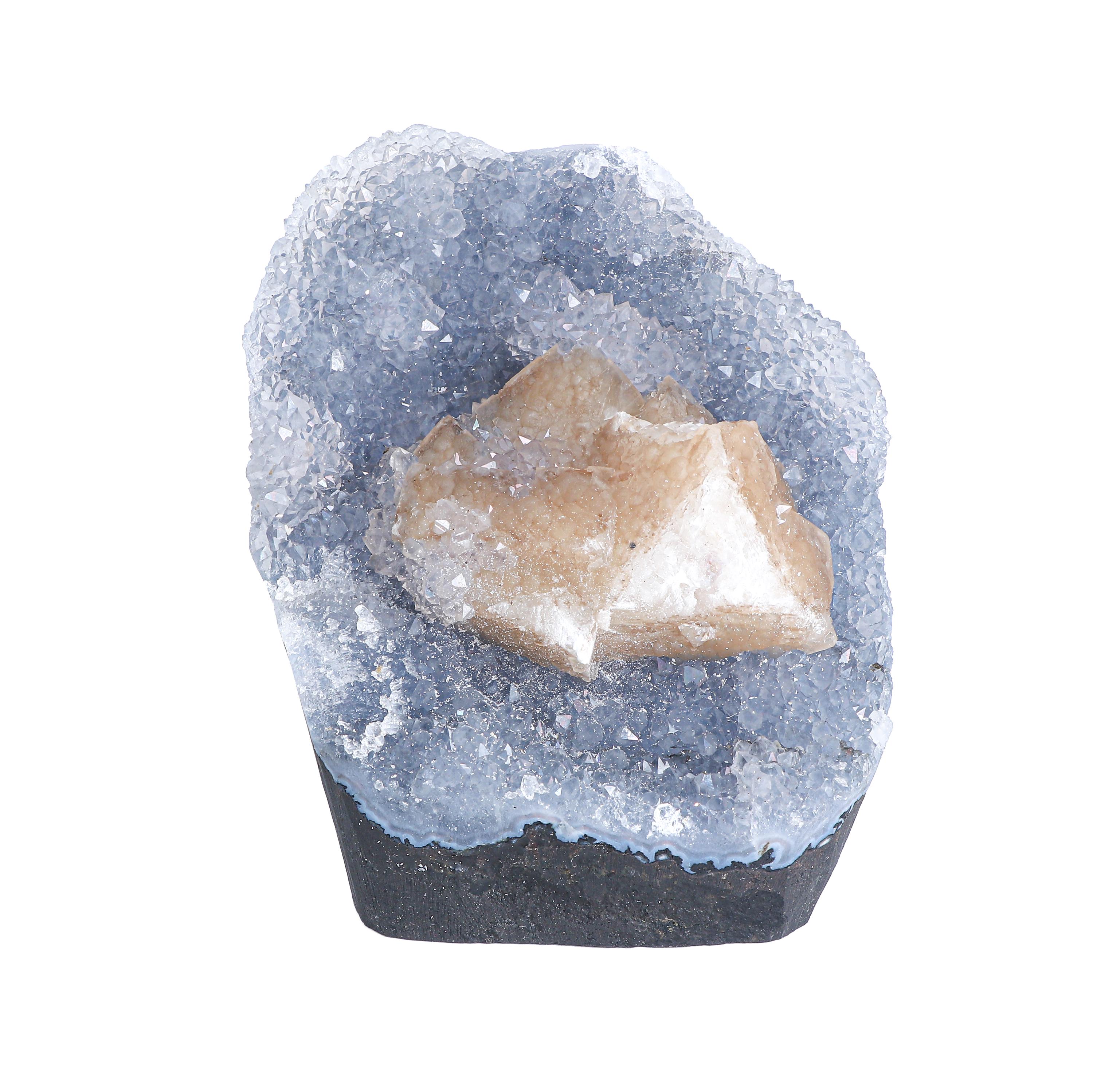 Anandalite "Stardust Cradle" Cluster: Natural Iridescent Druzy with Tan Calcite Inclusion