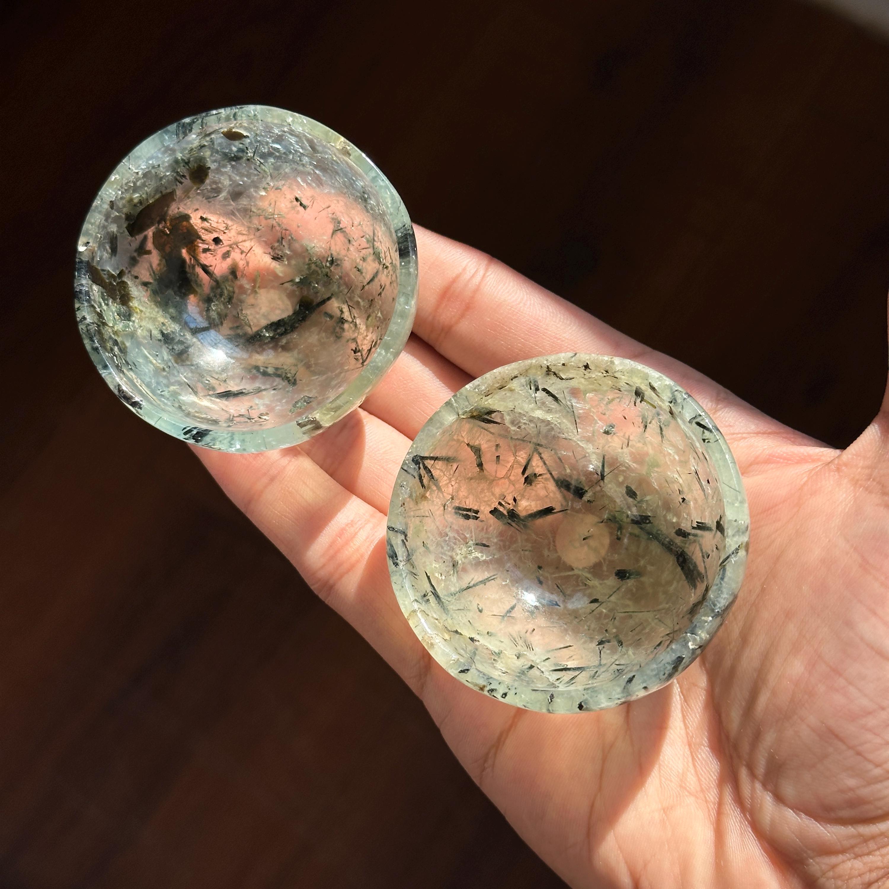 Hand-Carved Prehnite Bowl with Black Tourmaline